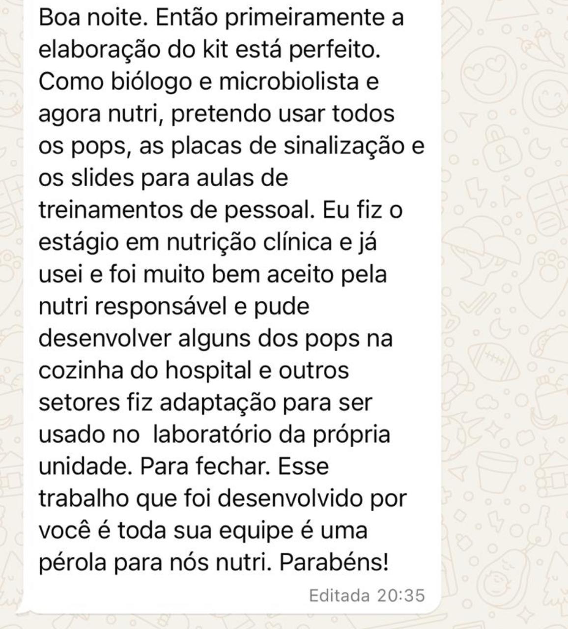 Depoimento no WhatsApp de aluna que veio de outra área para a nutrição