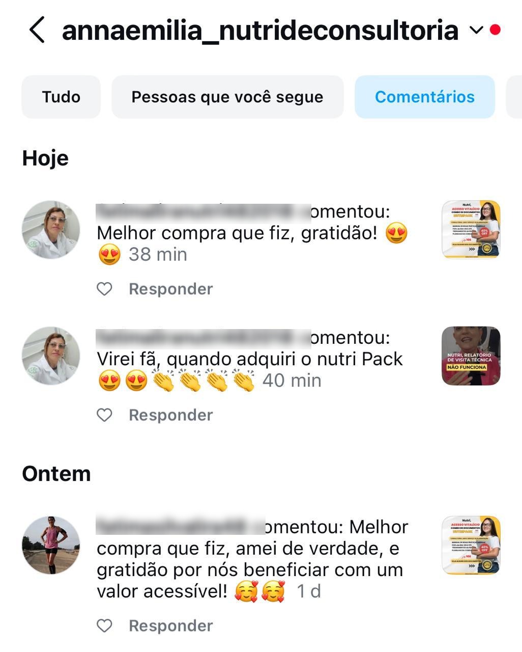 Comentários de alunas no Instagram sobre o material