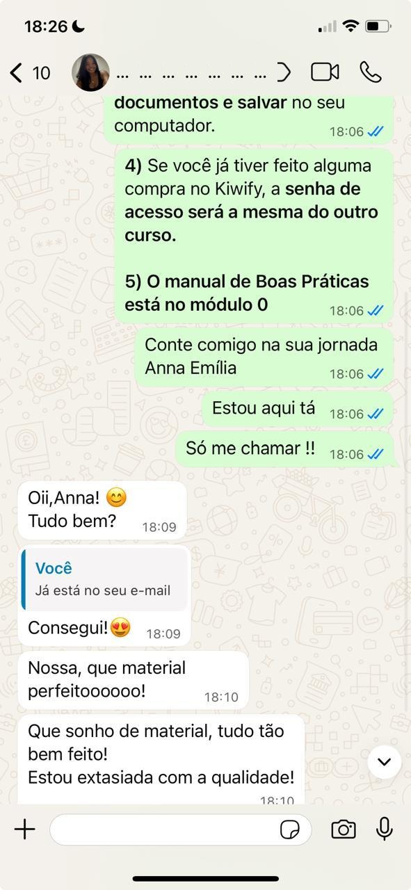 Depoimento no WhatsApp enviado para Anna Emília sobre o curso vitalício